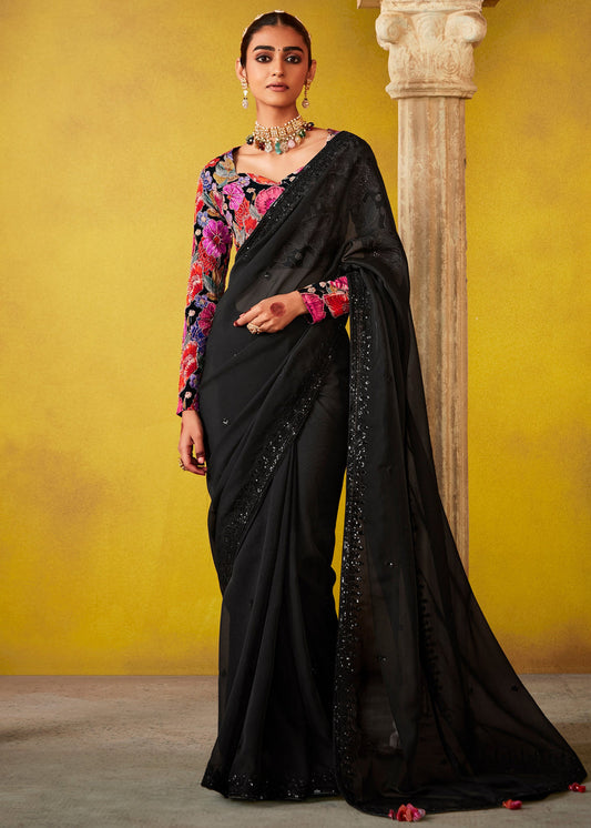 Jet Black Glass Tissue Silk Embroidered Saree With Printed Blouse