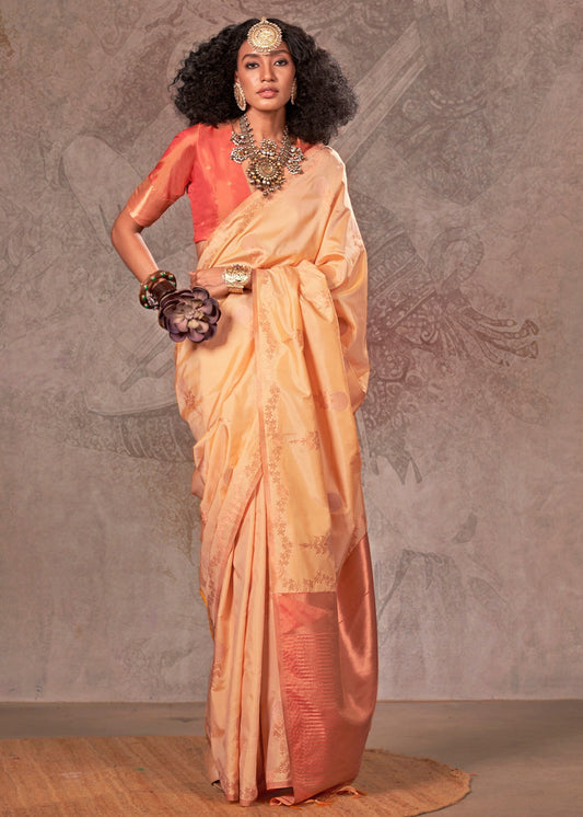 Soft Handloom Banarasi Silk Cream Saree With Contrast Orange Blouse