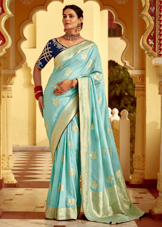 Dola Banarasi Silk Sky Blue Saree With Contrast Navy Embroidered Blouse