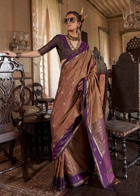 Pure Banarasi Tussar Silk Mud Brown & Violet Purple Handloom Saree