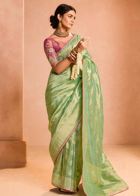 Pure Banarasi Tissue Silk Embroidered Light Green Handloom Saree & Contrast Pink Blouse