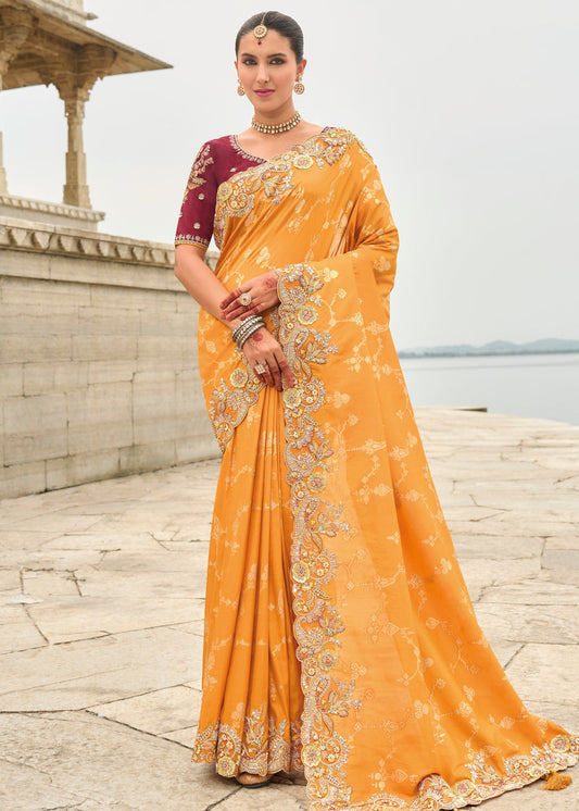 Banarasi Viscose Tissue Silk Turmeric Yellow Handloom Embroidered Saree With Cut Work Border