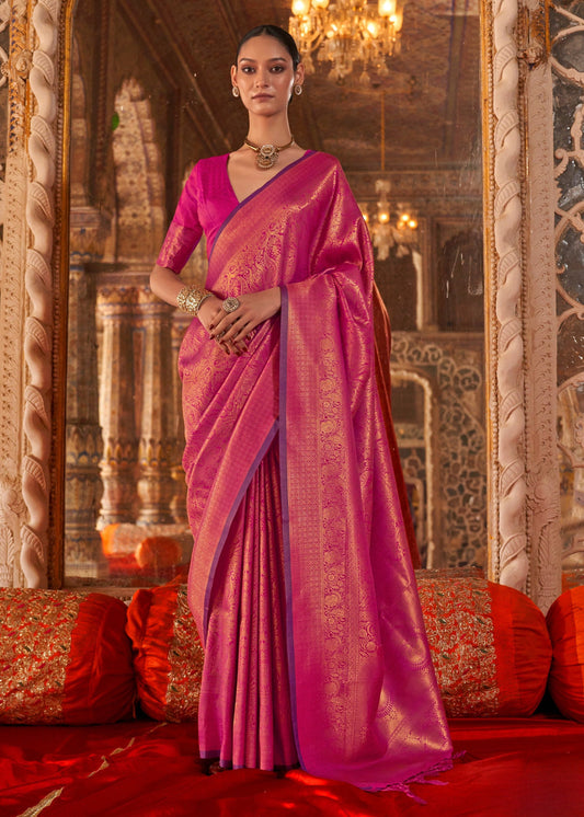 Pure Handloom Weaving Soft Banarasi Silk Hot Pink Saree