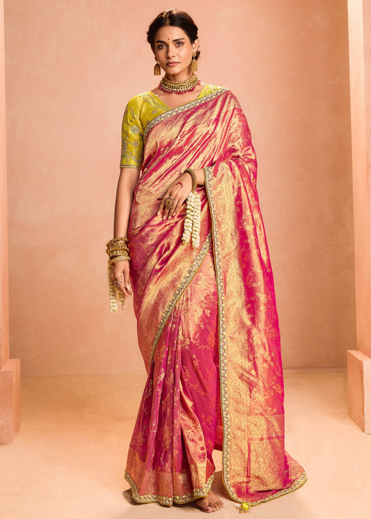 Pure Banarasi Tissue Silk Embroidered Rani Pink Handloom Saree & Contrast Yellow Blouse