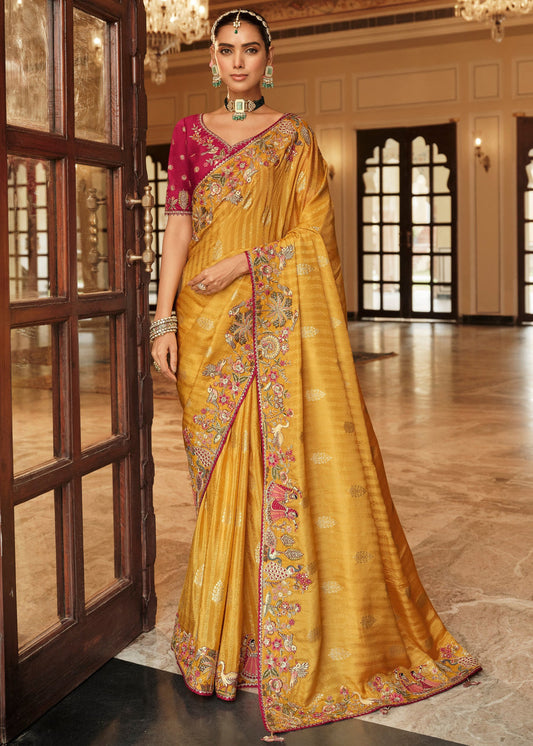 Mustard Yellow Soft Banarasi Silk Embroidered Saree & Contrast Red Blouse