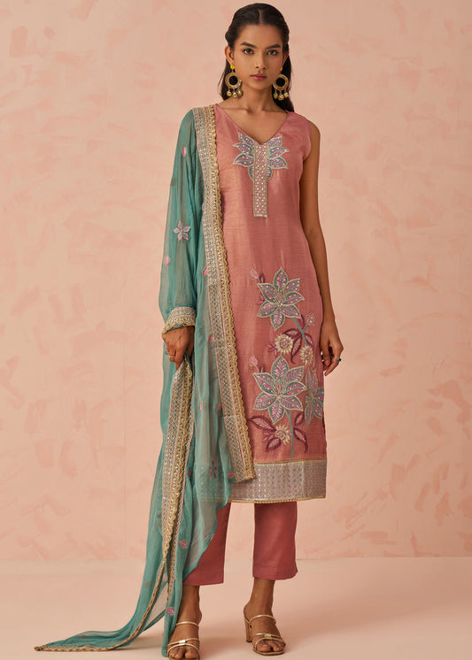 Peach Readymade Crushed Silk Pant Style Suit Set