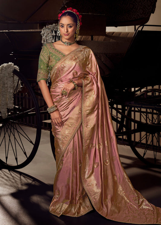 Banarasi Tissue Silk Pastel Pink Handloom Saree & Contrast Green Embroidered Blouse