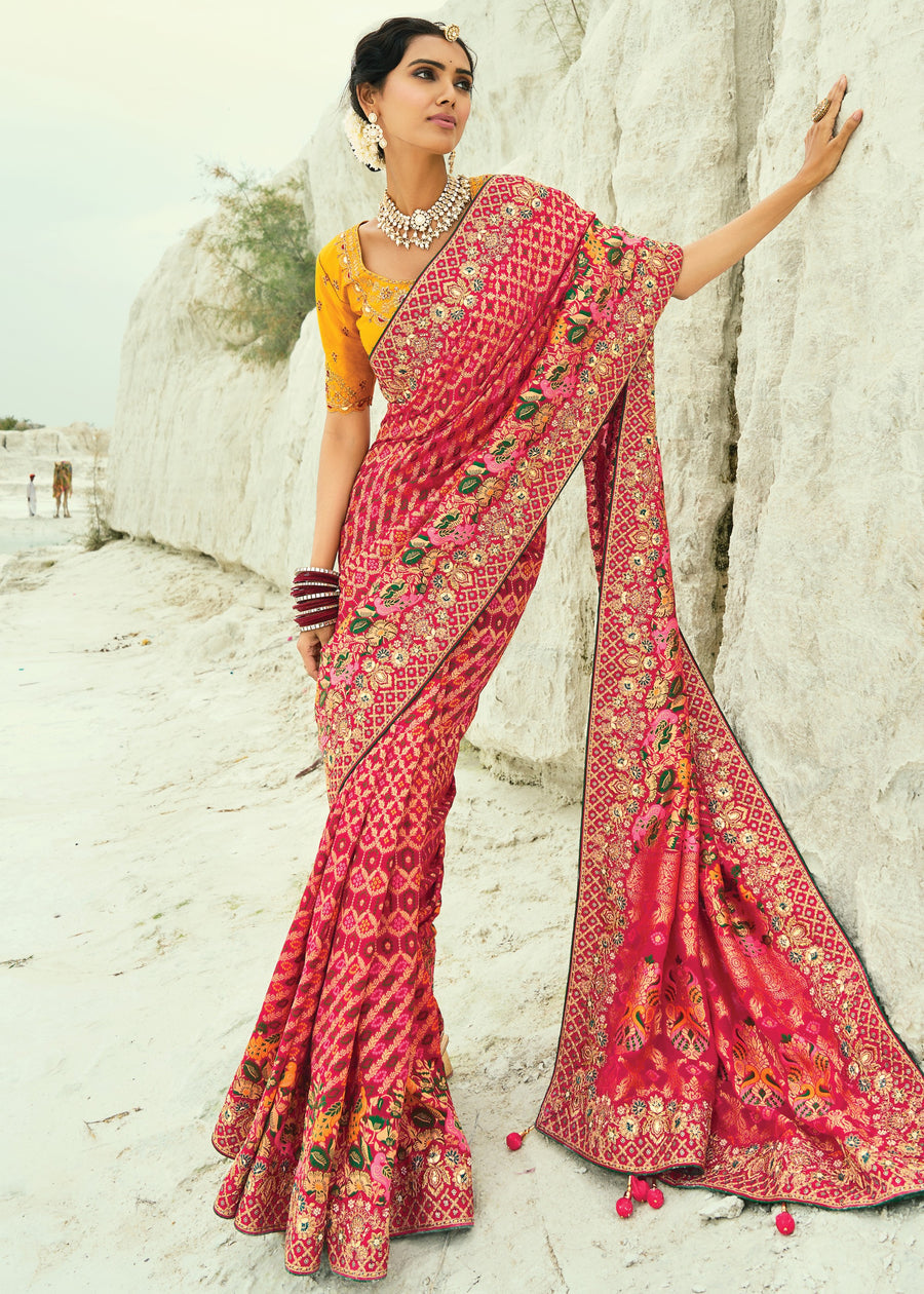 Pinkish Red Khaddi Georgette Embroidered Bandhani Saree & Yellow Blouse
