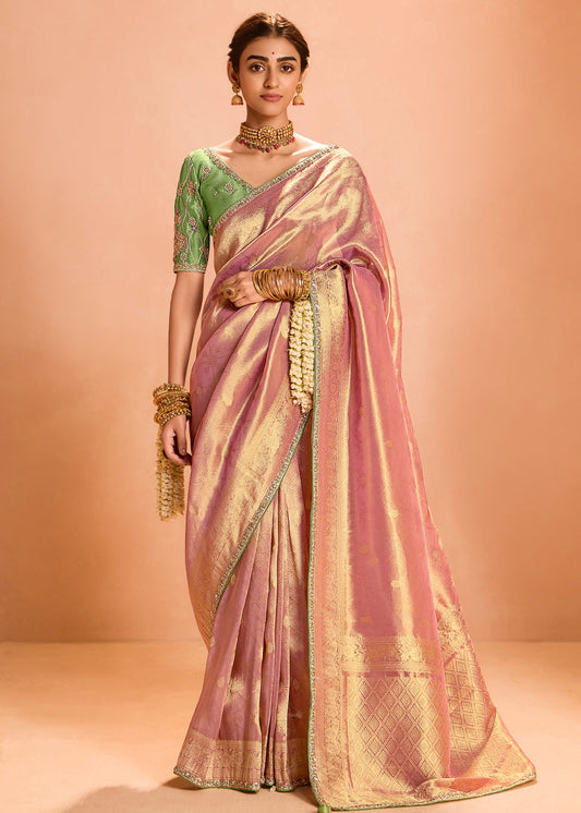 Pure Banarasi Tissue Silk Embroidered Blush Pink Handloom Saree & Contrast Green Blouse