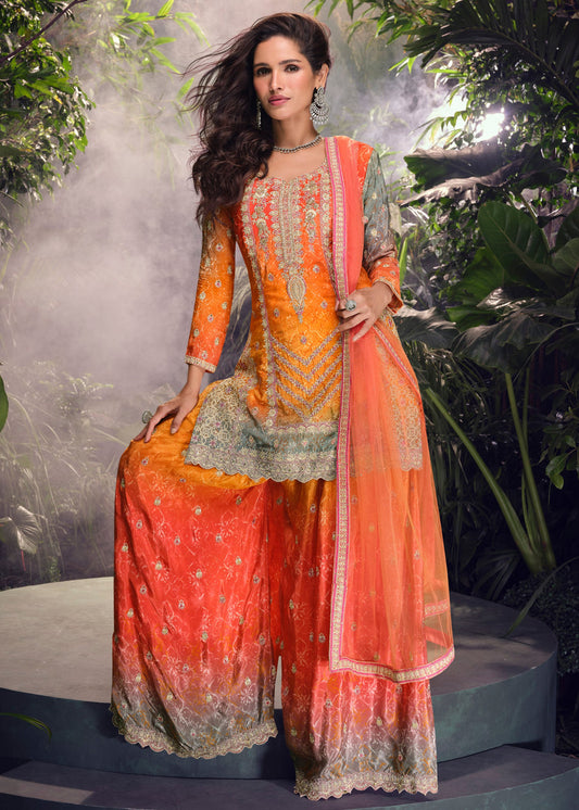 Orange Readymade Ombre Chinon Silk Palazzo Suit Set