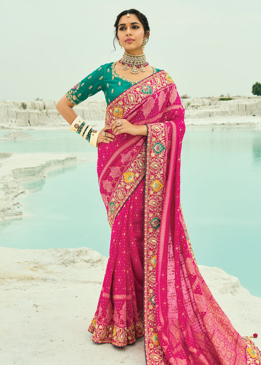 Hot Pink Khaddi Georgette Embroidered Bandhani Saree & Jade Green Blouse