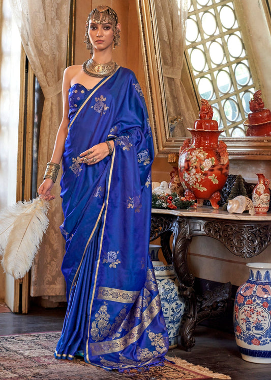 Pure Banarasi Satin Silk Ink Blue Handloom Saree