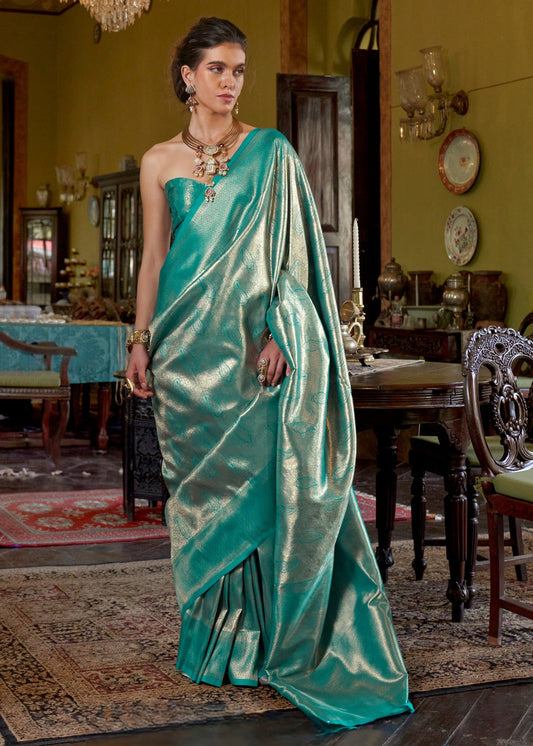 Greenish Blue Zari Work Handloom Weaving Kanjivaram Silk Saree