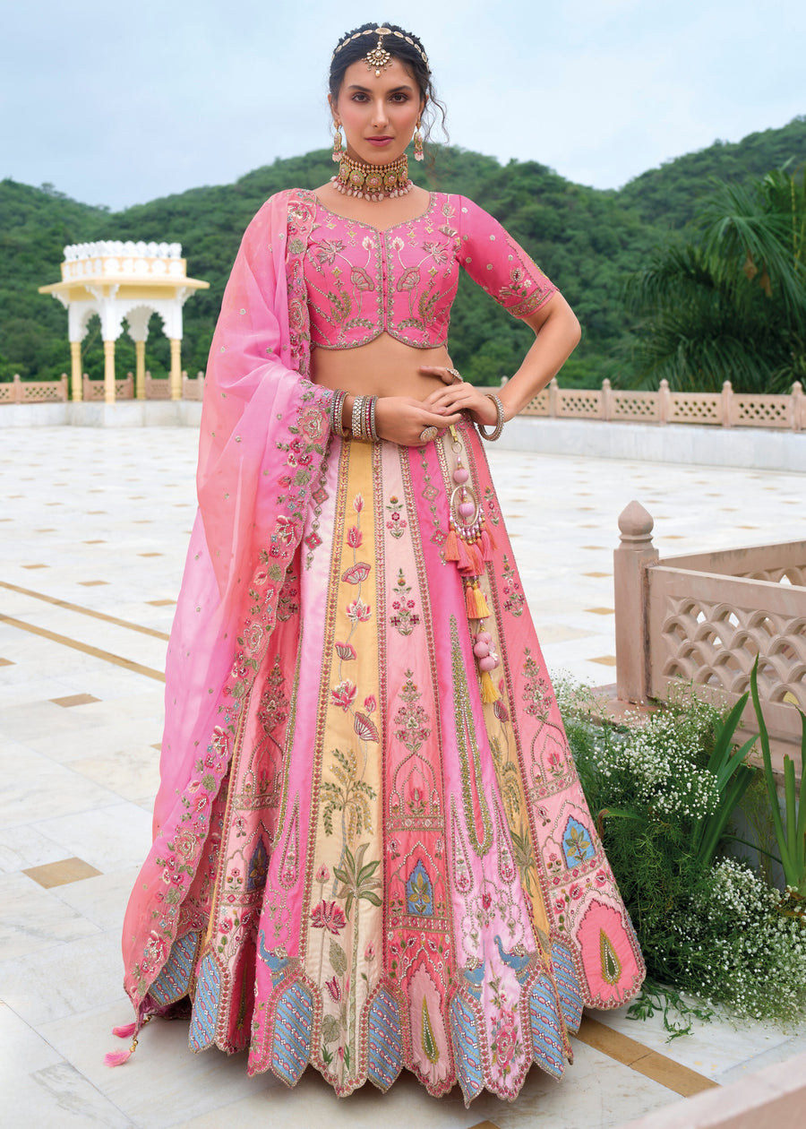 Pink and Lime Yellow Silk Lehenga Choli