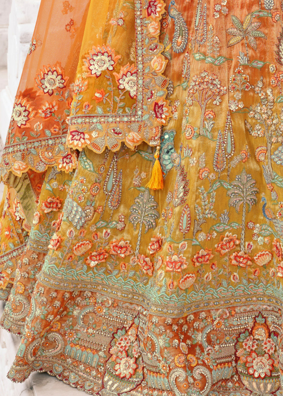 Orange & Yellow Ombre Effect Embroidered Banarasi Silk Lehenga Choli