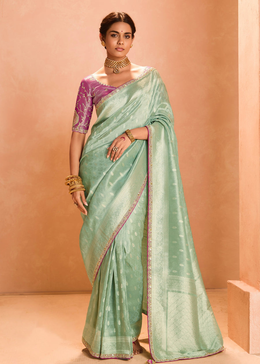 Pure Banarasi Tissue Silk Embroidered Mint Green Handloom Saree & Contrast Pink Blouse