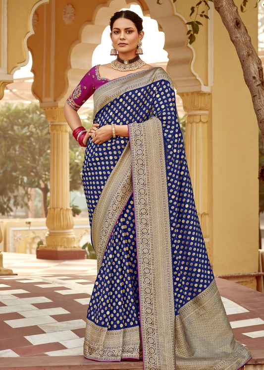 Dola Banarasi Silk Royal Blue Bridal Saree With Contrast Pink Embroidered Blouse