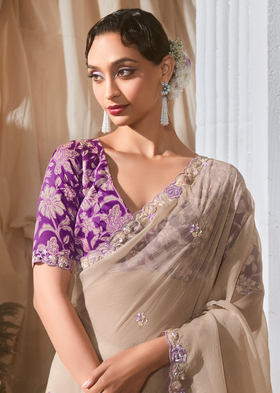 Beige Organza Tissue Silk Embroidered Saree & Purple Printed Blouse