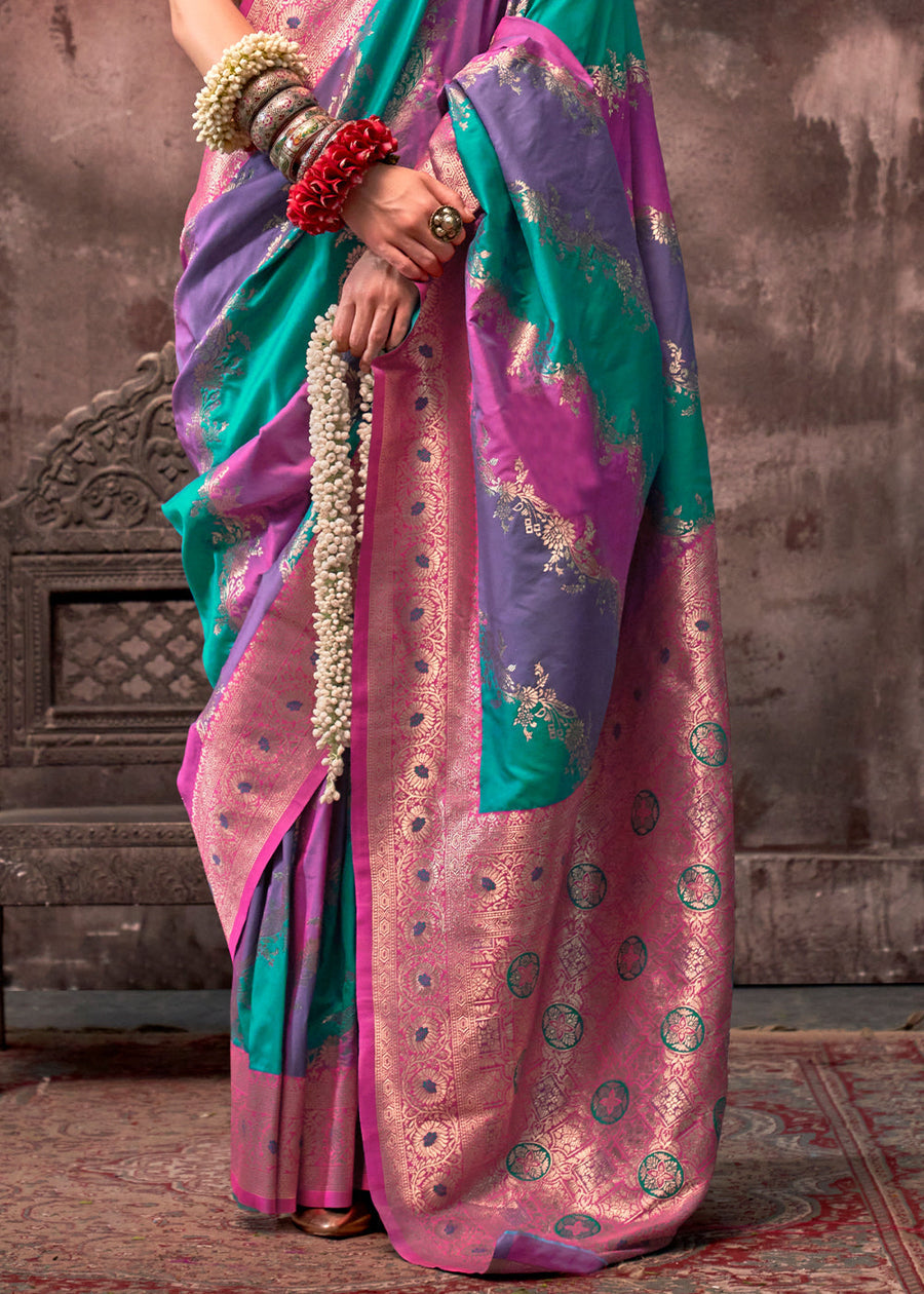 Rangkat Soft Banarasi Silk Muave Pink & Green Saree With Contrast Blouse