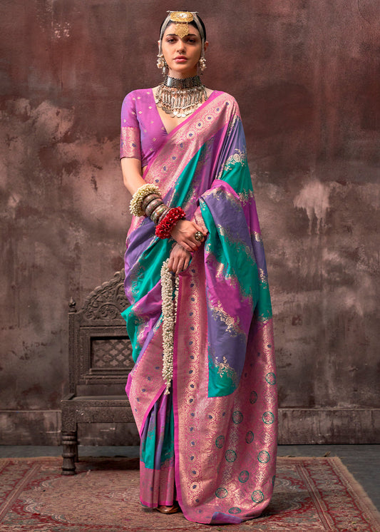 Rangkat Soft Banarasi Silk Muave Pink & Green Saree With Contrast Blouse