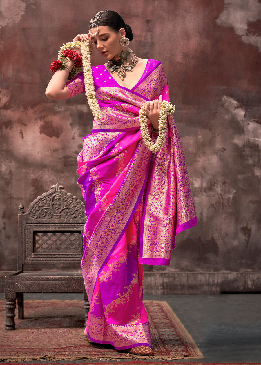 Rangkat Soft Banarasi Silk Pink & Purple Saree With Contrast Blouse