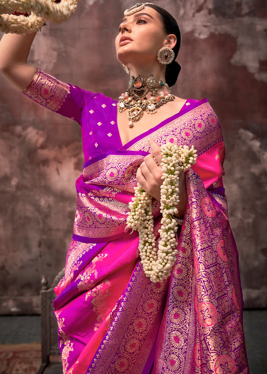 Rangkat Soft Banarasi Silk Pink & Purple Saree With Contrast Blouse