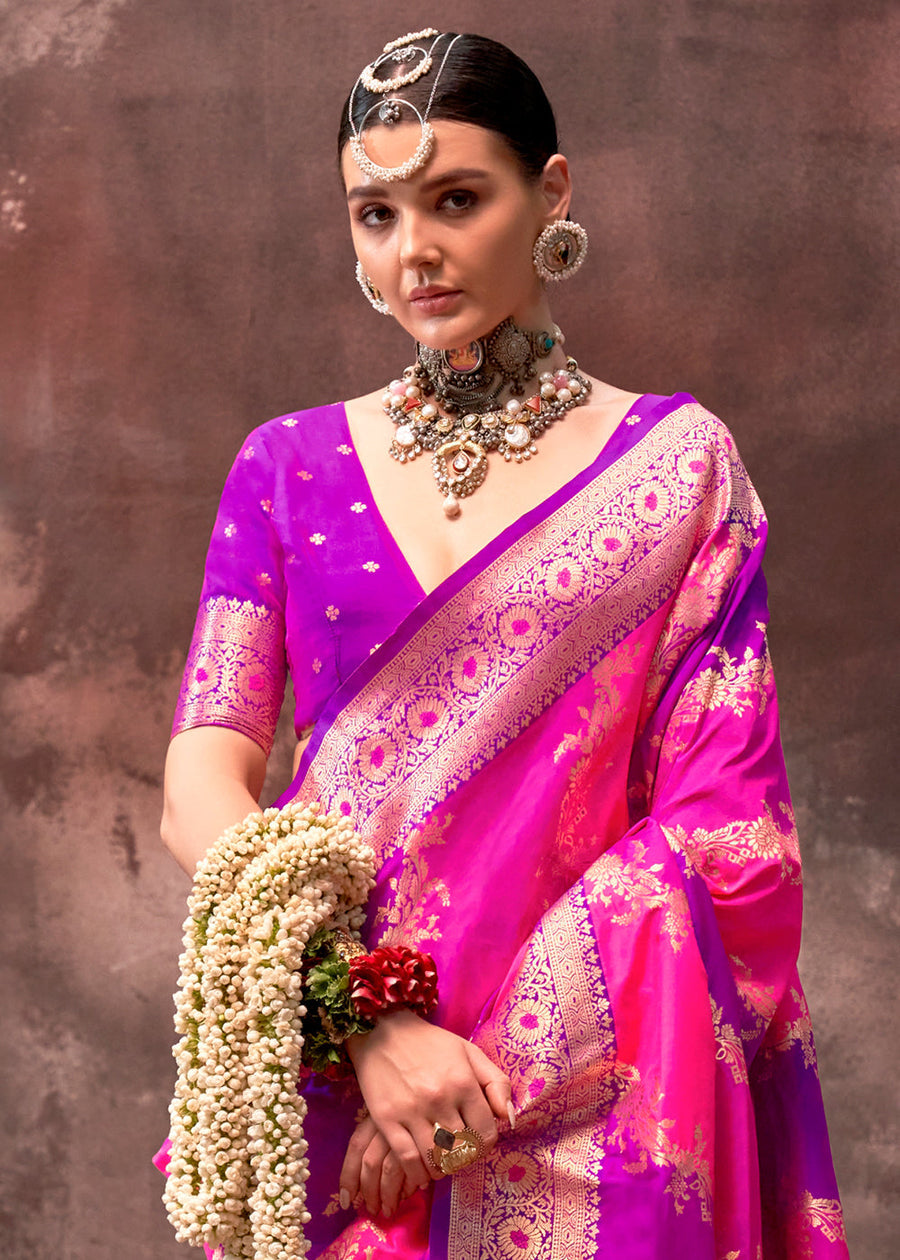 Rangkat Soft Banarasi Silk Pink & Purple Saree With Contrast Blouse