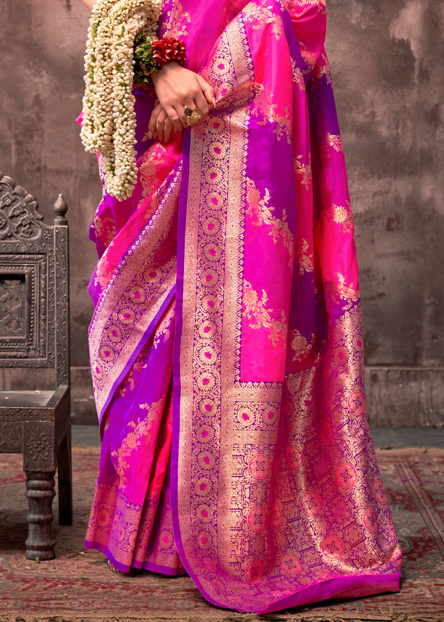 Rangkat Soft Banarasi Silk Pink & Purple Saree With Contrast Blouse