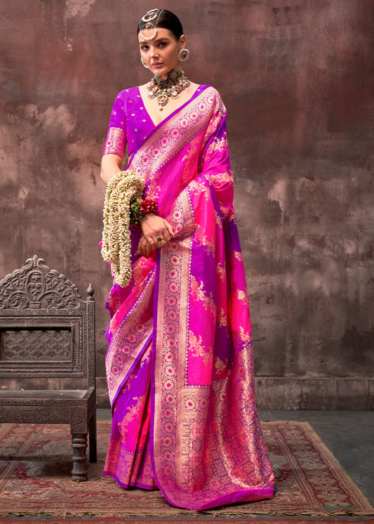 Rangkat Soft Banarasi Silk Pink & Purple Saree With Contrast Blouse