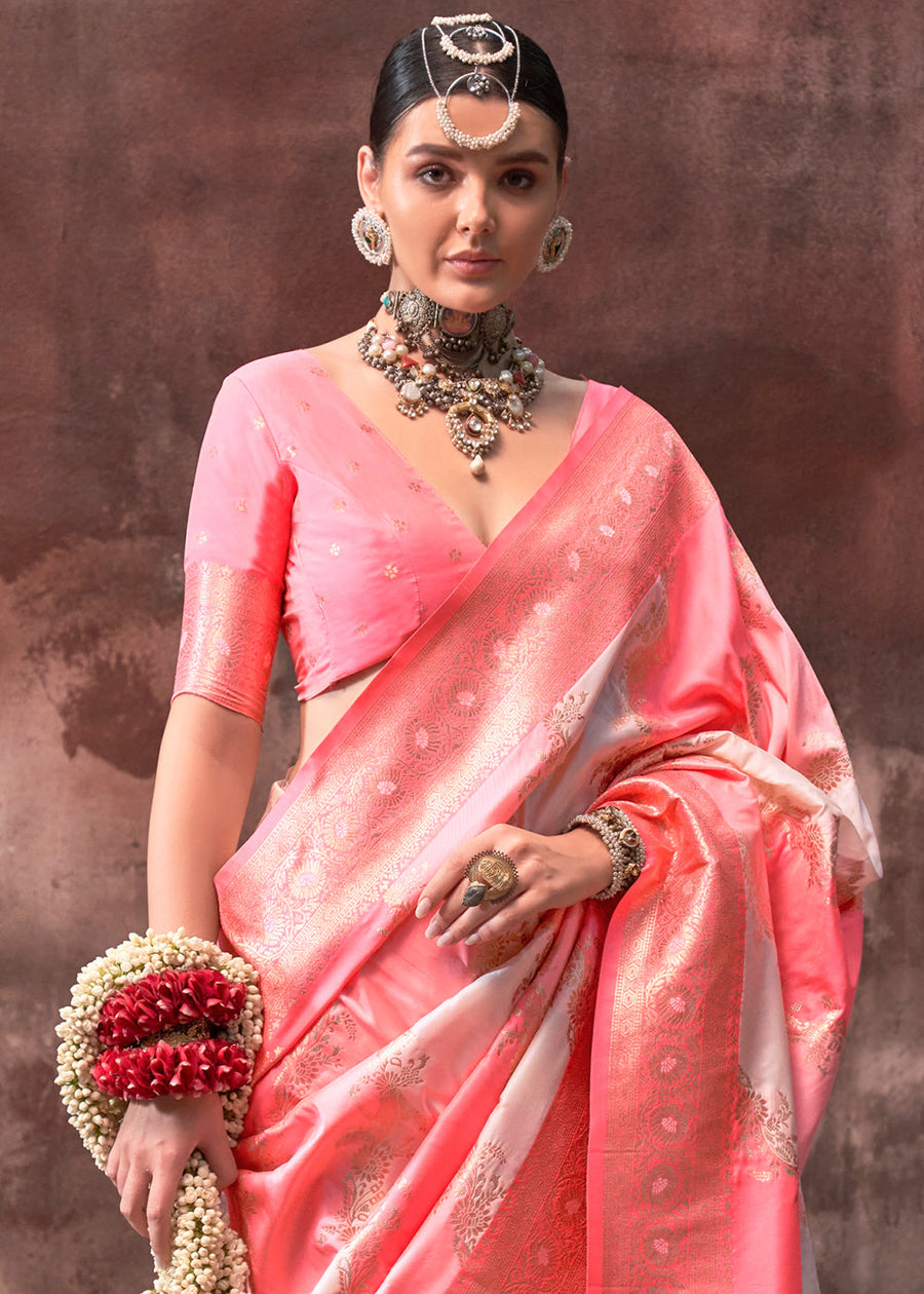 Rangkat Soft Banarasi Silk Pastel Pink & Peach Saree With Contrast Blouse