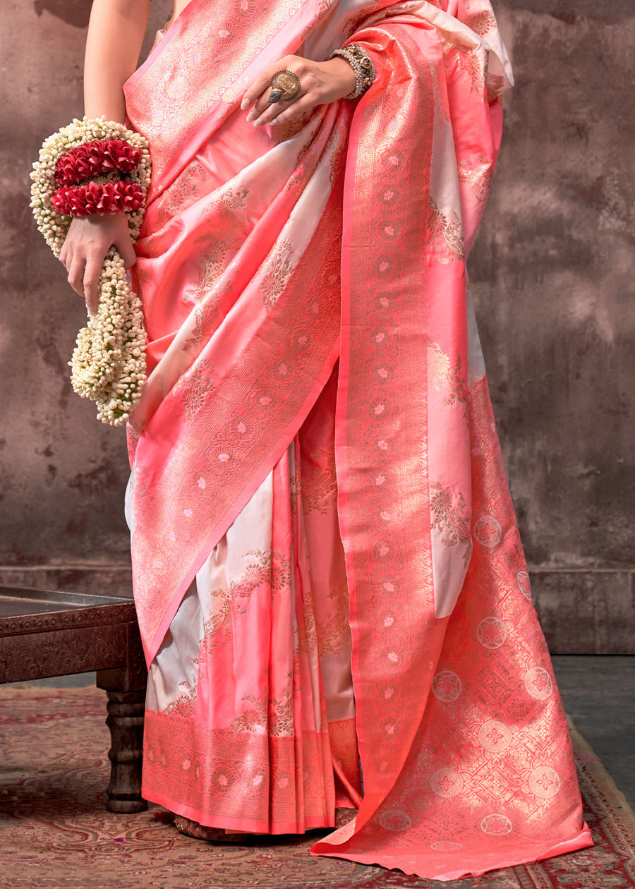 Rangkat Soft Banarasi Silk Pastel Pink & Peach Saree With Contrast Blouse