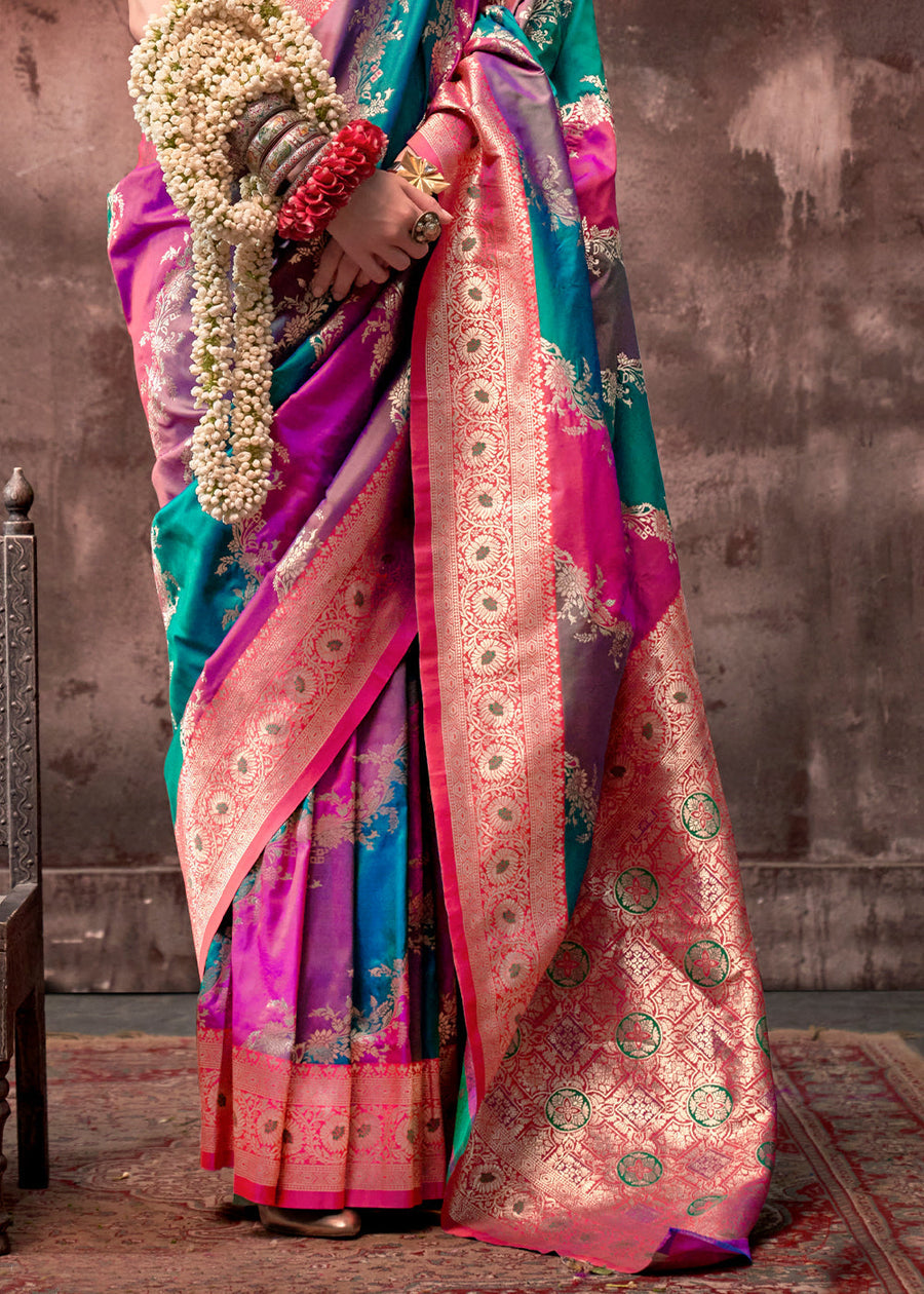 Rangkat Soft Banarasi Silk Blue & Pink Saree With Contrast Blouse