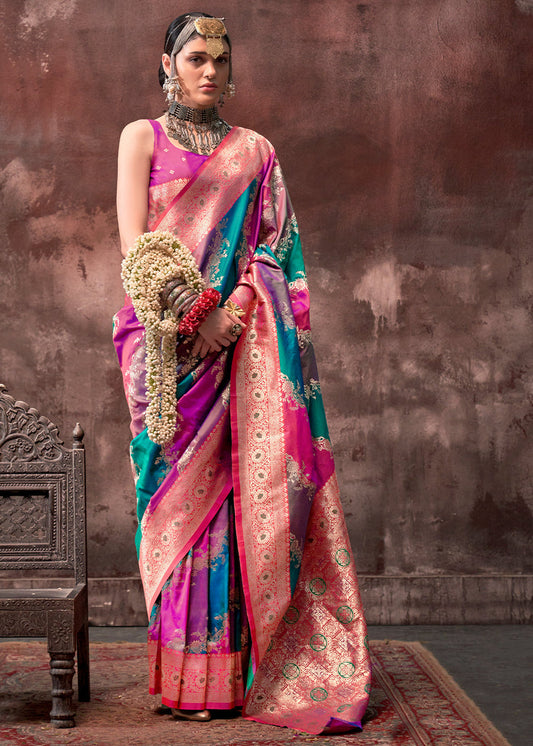 Rangkat Soft Banarasi Silk Blue & Pink Saree With Contrast Blouse