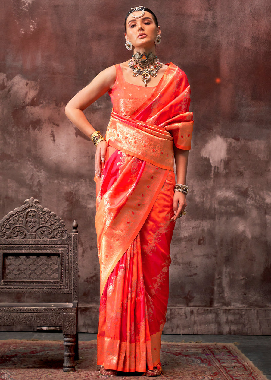 Rangkat Soft Banarasi Silk Orange & Red Saree With Contrast Blouse