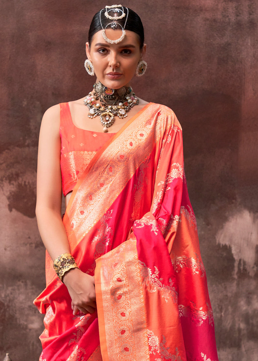 Rangkat Soft Banarasi Silk Orange & Red Saree With Contrast Blouse