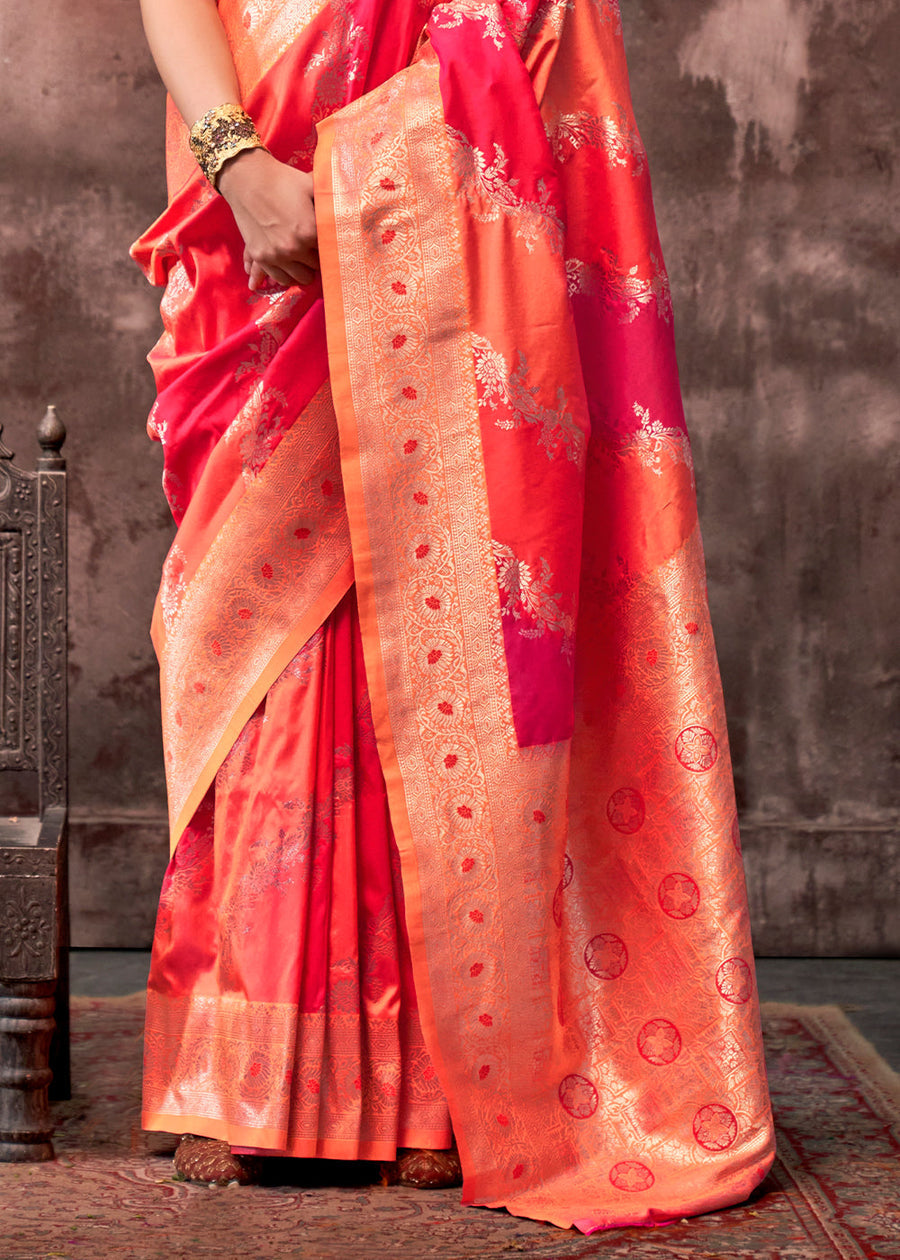 Rangkat Soft Banarasi Silk Orange & Red Saree With Contrast Blouse