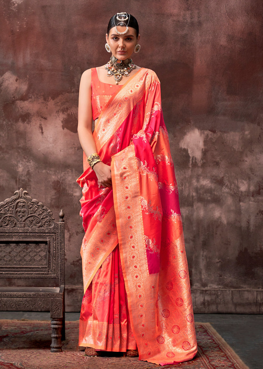 Rangkat Soft Banarasi Silk Orange & Red Saree With Contrast Blouse