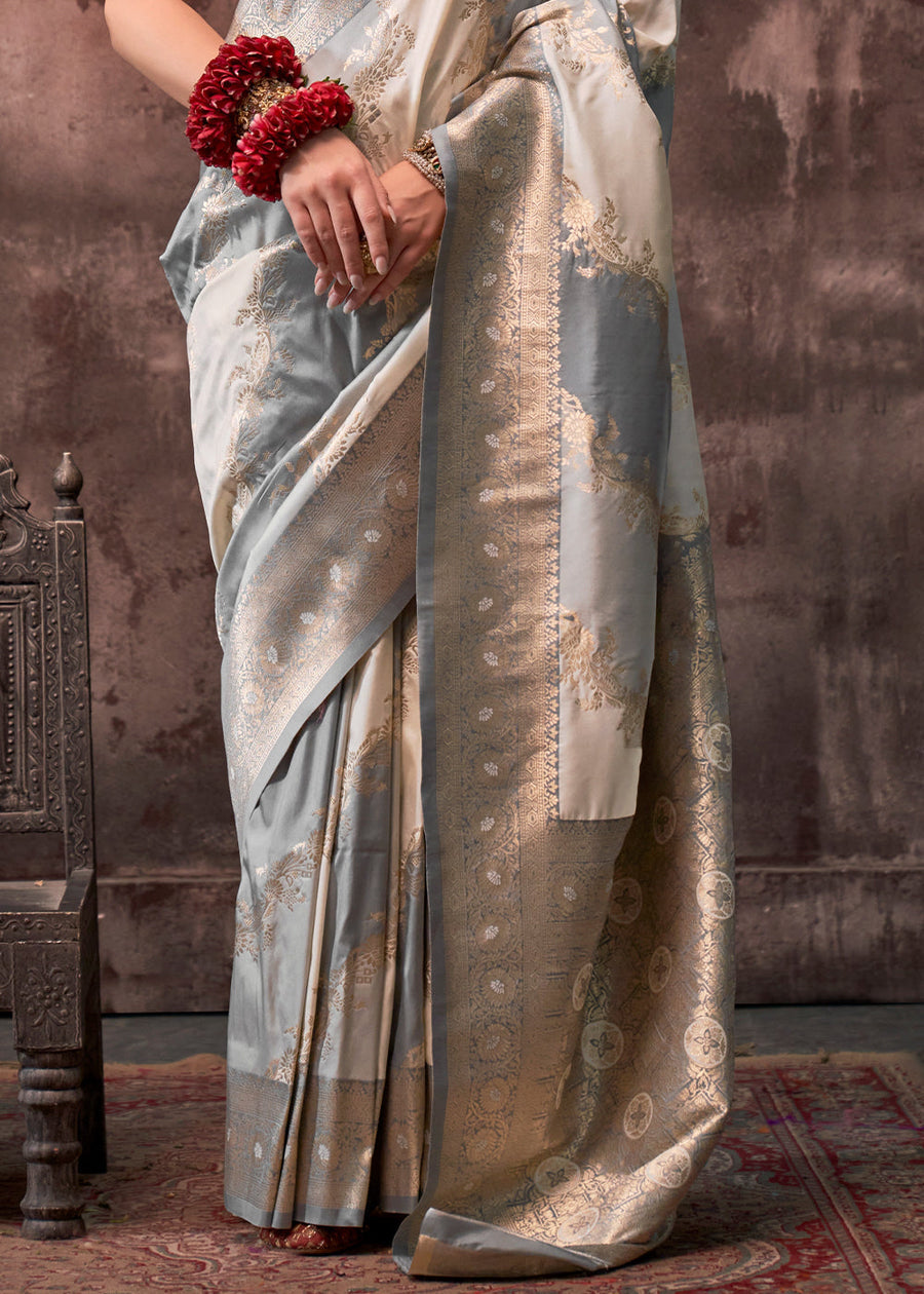 Rangkat Soft Banarasi Silk Grey & Off White Saree With Contrast Blouse