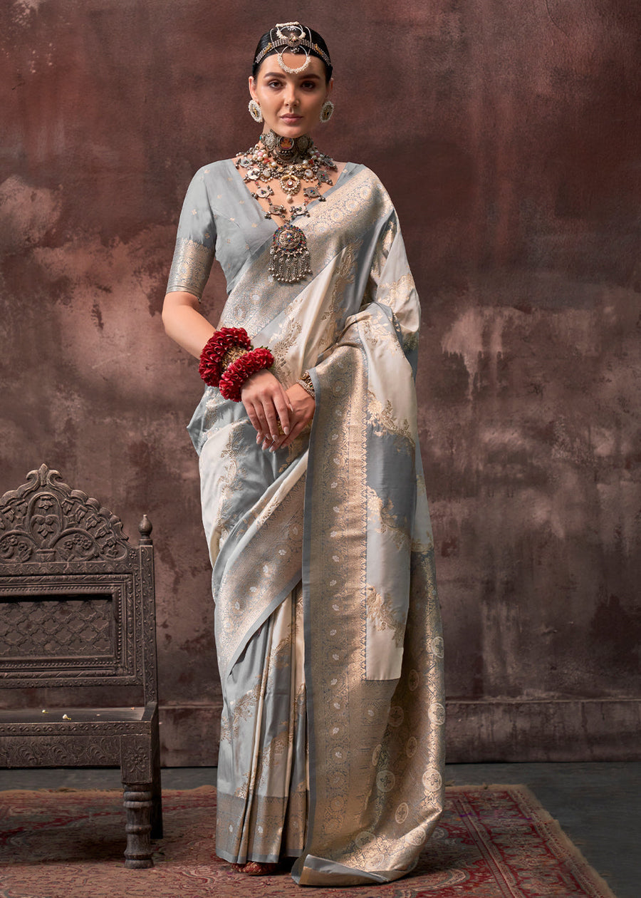 Rangkat Soft Banarasi Silk Grey & Off White Saree With Contrast Blouse