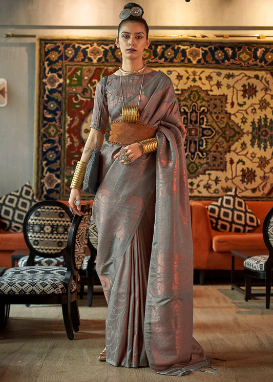 Grey Copper Zari Handloom Weaving Banarasi Silk Saree
