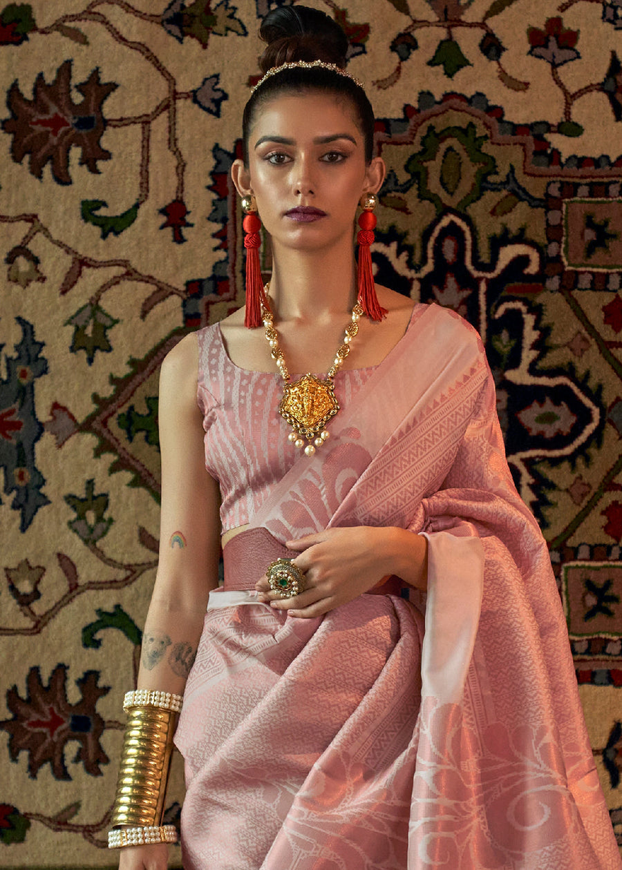 Powder Peach Copper Zari Handloom Weaving Banarasi Silk Saree