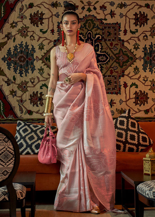 Powder Peach Copper Zari Handloom Weaving Banarasi Silk Saree