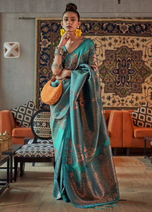 Greenish Blue Copper Zari Handloom Weaving Banarasi Silk Saree