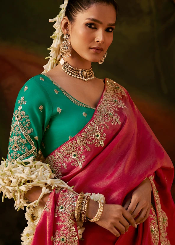 Pure Tissue Silk Rose Pink Embroidered Saree With Green Blouse