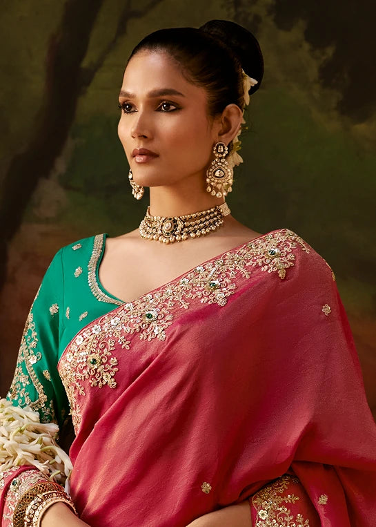 Pure Tissue Silk Rose Pink Embroidered Saree With Green Blouse