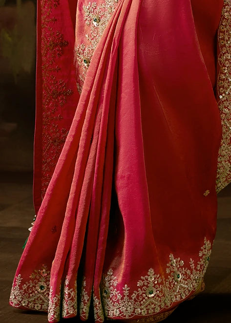 Pure Tissue Silk Rose Pink Embroidered Saree With Green Blouse