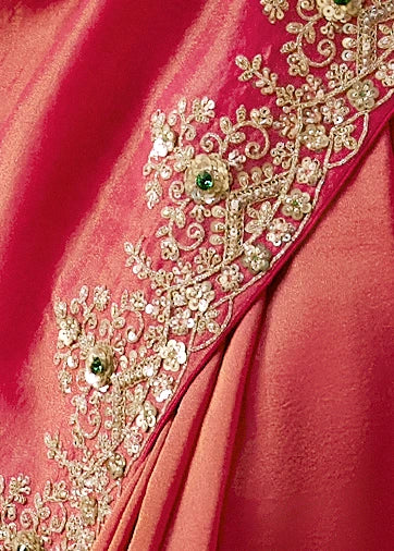 Pure Tissue Silk Rose Pink Embroidered Saree With Green Blouse