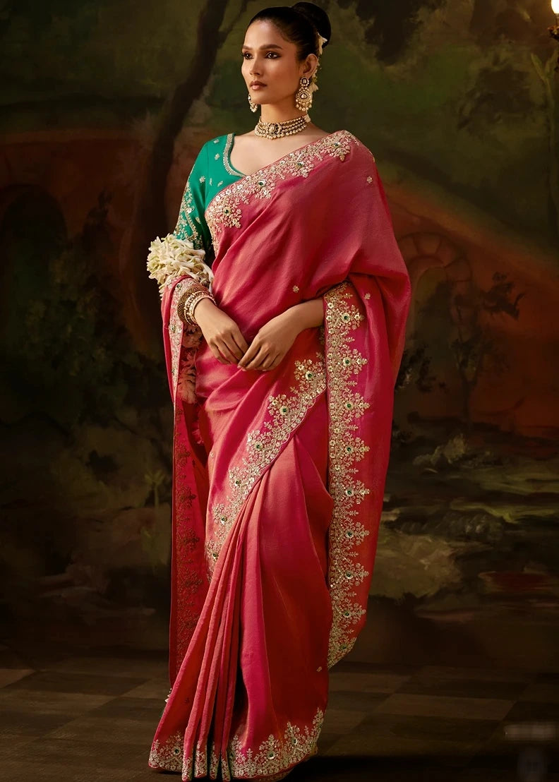 Pure Tissue Silk Rose Pink Embroidered Saree With Green Blouse