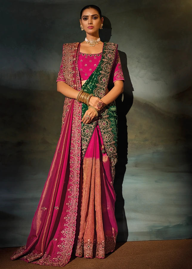 Rani Pink & Golden Kanjivaram Silk Embroidered Saree With Dupatta