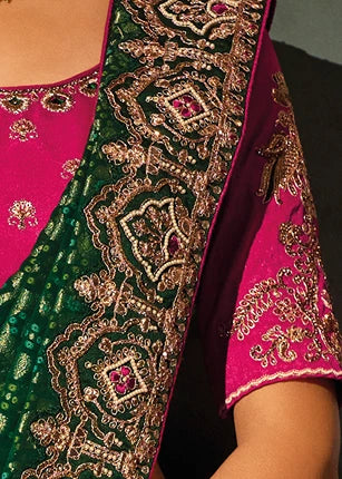 Rani Pink & Golden Kanjivaram Silk Embroidered Saree With Dupatta